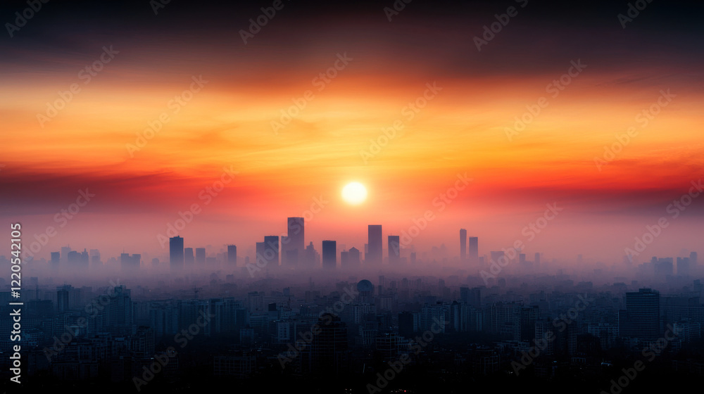 Fototapeta premium sunset view of modern city skyline with vibrant colors and mist