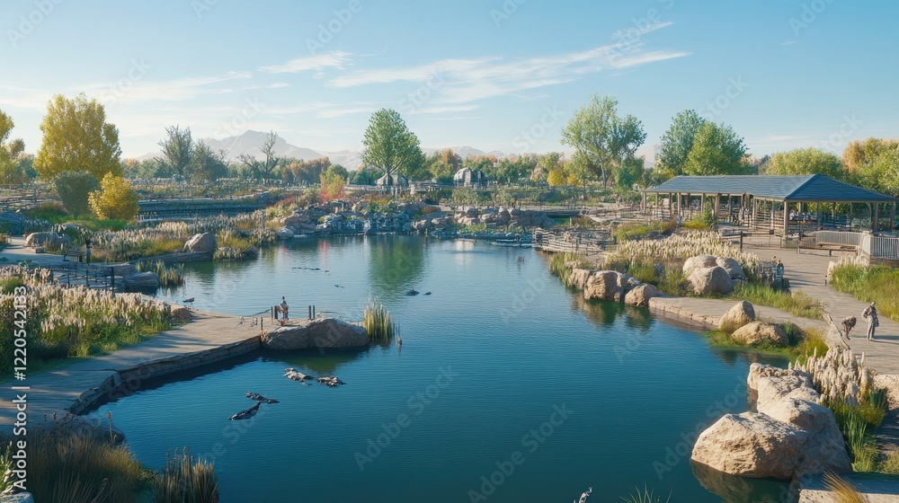 Serene Pond Landscape With Walking Paths And Pavilion Serene Pond Landscape With Walking Paths And Pavilion