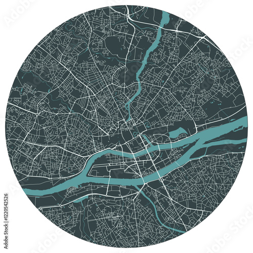 Nantes French city in pays de la loire. Vector minimalist street plan map on a dark gray round background