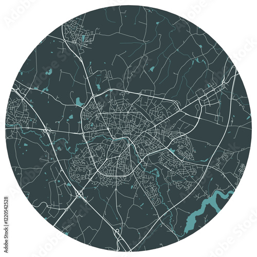 Cholet French town in pays de la loire. Vector minimalist street plan map on a dark gray round background