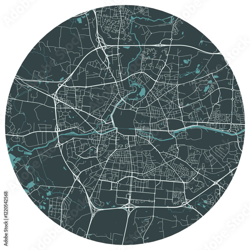 Rennes French city in bretagne. Vector minimalist street plan map on a dark gray round background