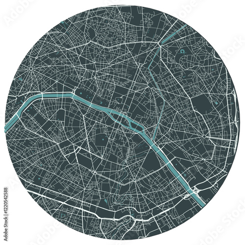 Paris French national_capital in ile de france. Vector minimalist street plan map on a dark gray round background