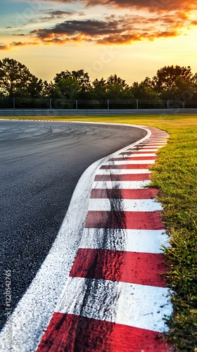 Sunset at the Racetrack: A Breathtaking View of a Race Track Curve at Sunset