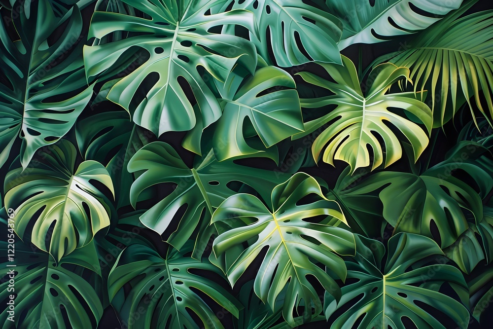 A hyper-realistic close-up of overlapping tropical leaves with deep green hues and detailed vein patterns. The leaves are lush and glossy, creating a rich and vibrant composition. A hyper-realistic close-up of overlapping tropical leaves with deep green hues and detailed vein patterns. The leaves are lush and glossy, creating a rich and vibrant composition.