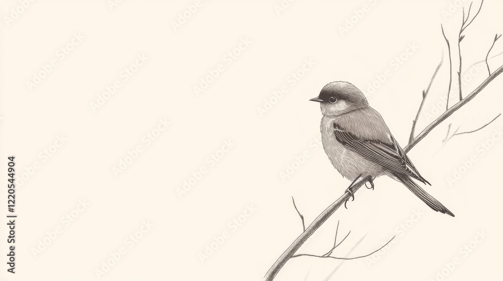 Obraz premium A grayscale illustration of a small bird perched on a bare branch against a light beige background.