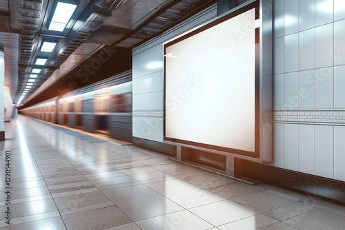 A hyper-realistic indoor subway billboard mockup, horizontally oriented and prominently displayed within a sleek, modern subway station photo