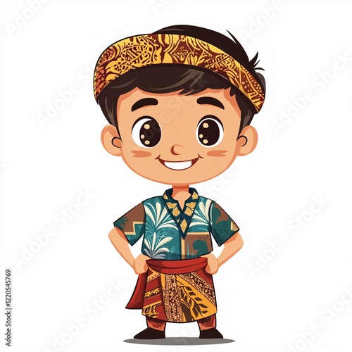 A smiling cartoon boy in Sundanese traditional clothing, with a iket headband, batik shirt, and sarong, on a white background photo