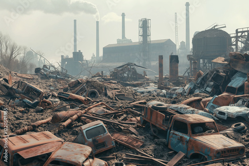 A hyper-realistic junkyard scene with piles of rusted metal, discarded machinery, and broken vehicles scattered across the landscape photo