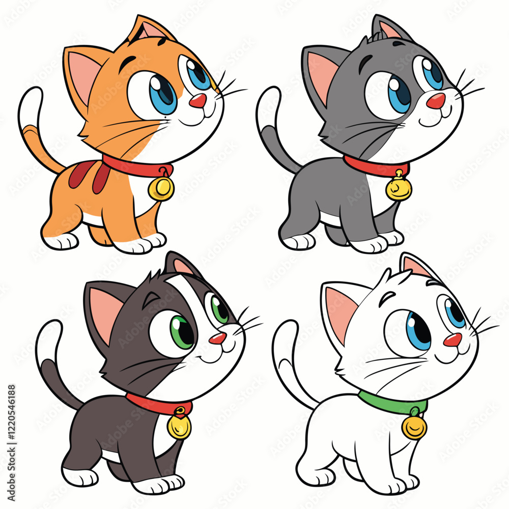 Obraz premium Cute cartoon kittens, big eyes, fluffy fur, orange tabby, brown tabby, light 