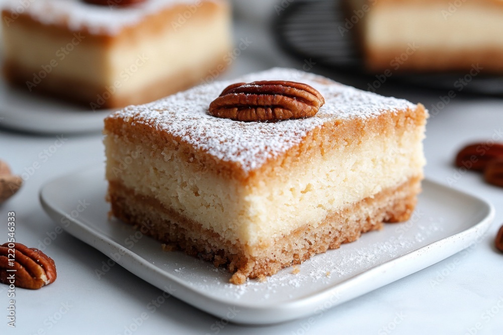 Delicious gooey butter cake topped with pecan and powdered sugar Delicious gooey butter cake topped with pecan and powdered sugar