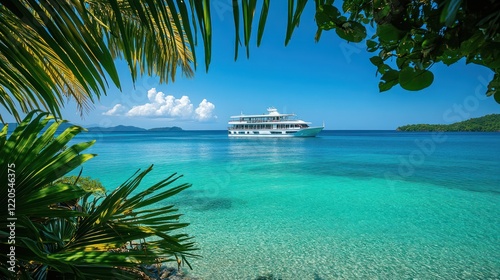 Tropical cruise ship, island bay, palm leaves, turquoise water, travel brochure