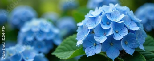 Floral arrangement with hydrangeas in shades of blue, garden, arrangement