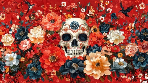Sugar Skull Amidst Vibrant Red And Blue Flowers