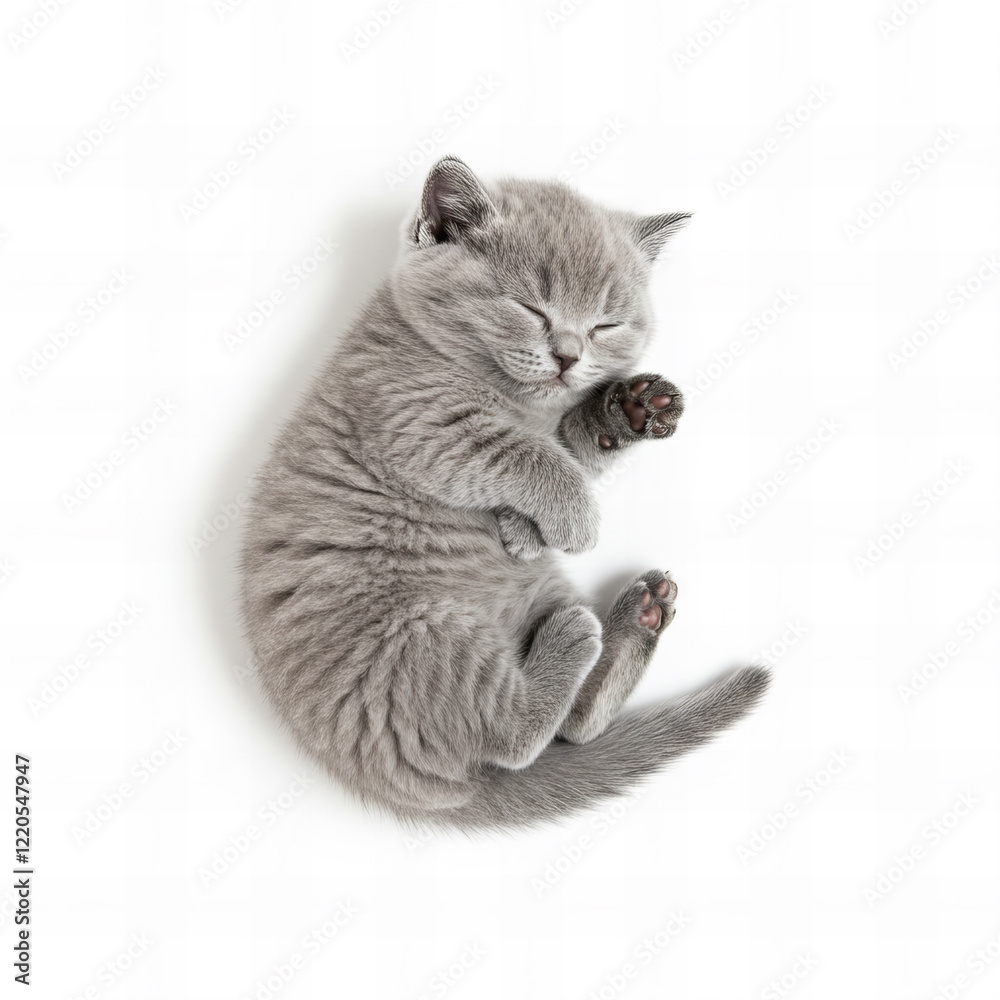 Fototapeta premium little Gray shorthair British cat sleeping on a white background