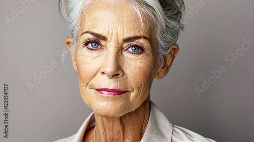 Portrait of chic beautiful gray-haired mature woman in elegant clothes on gray background. An elderly woman smiles and looks at camera. Beautiful old age, cosmetology, face lifting