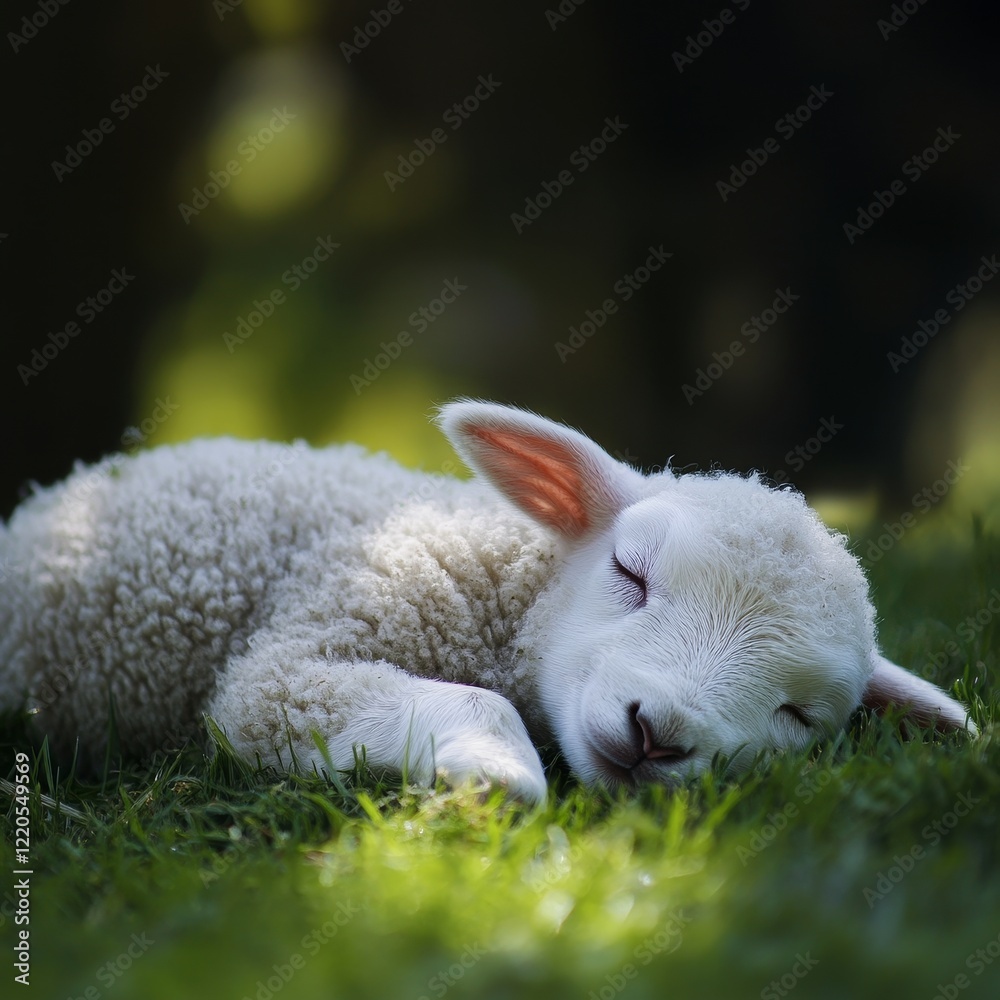 Obraz premium Soft and Fluffy Lamb Resting Peacefully on Green Grass in a Tranquil Outdoor Setting During a Sunny Day