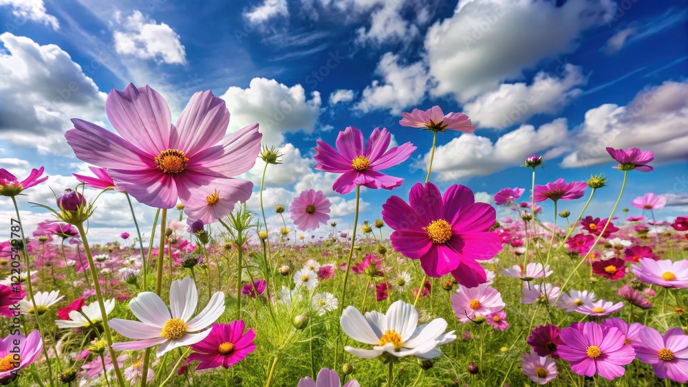 A stunning field of cosmos flowers with vibrant purple petals and delicate white centers, set against a bright blue sky with fluffy white clouds , wildflowers, fresh colors A stunning field of cosmos flowers with vibrant purple petals and delicate white centers, set against a bright blue sky with fluffy white clouds , wildflowers, fresh colors