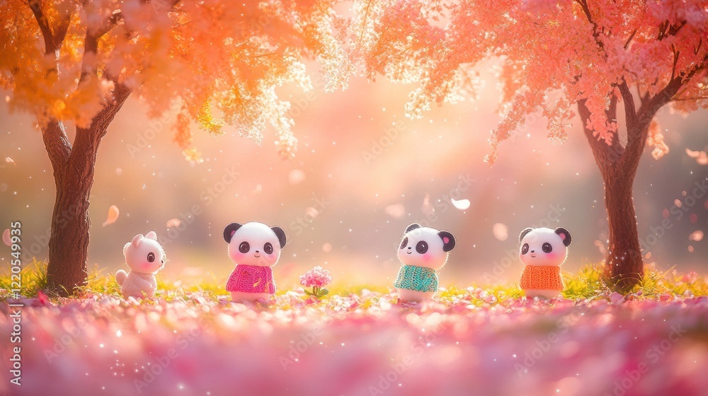 Fototapeta premium Adorable panda figurines and bunny under blossoming cherry trees.