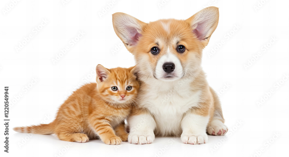 Obraz premium Cute Welsh corgi puppy and a red kitten sit together on a white background. isolated on a white background