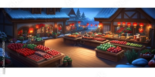 Night market, winter village, food stalls, snow, festive lights. Game asset