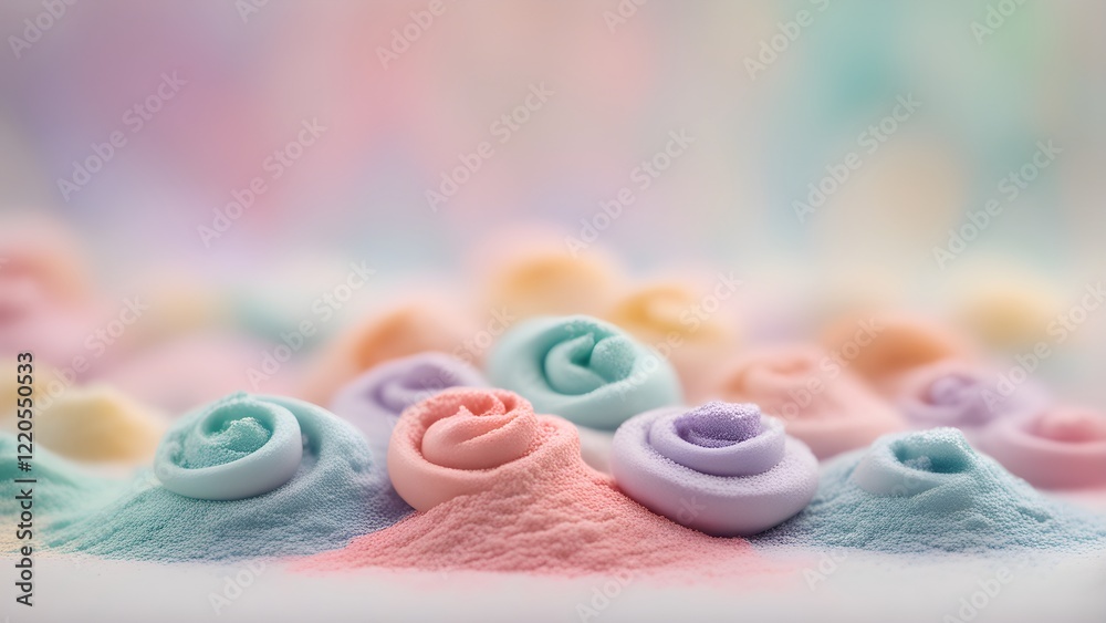 Pastel-colored swirls of whipped cream nestled in mounds of matching powdered sugar create a dreamy, abstract food background. Pastel-colored swirls of whipped cream nestled in mounds of matching powdered sugar create a dreamy, abstract food background.
