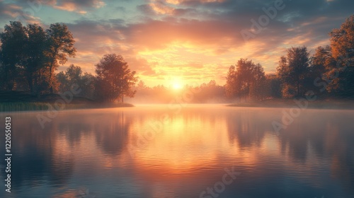 Misty sunrise over calm lake, trees reflected, peaceful morning, nature scene