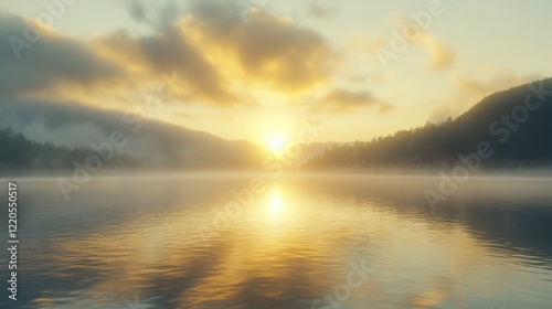 Sunrise over misty lake, mountains, calm water, peaceful scene, nature