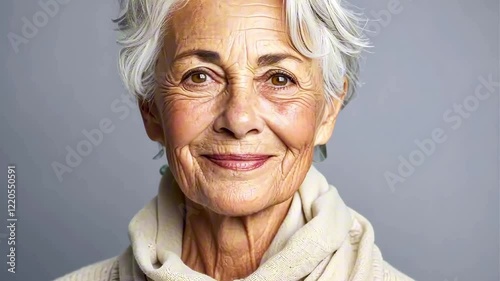 Portrait of chic beautiful gray-haired mature woman in elegant clothes on gray background. An elderly woman smiles and looks at camera. Beautiful old age, cosmetology, face lifting