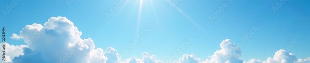 Fluffy white cloud formations in a clear blue sky with sun rays, nature, blue, soft Fluffy white cloud formations in a clear blue sky with sun rays, nature, blue, soft