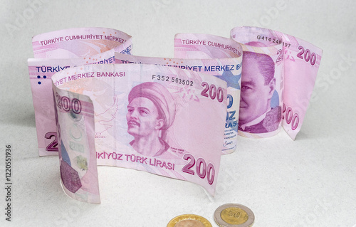 200 Turkish banknotes on a white background (Turkish money, Turkish Lira)