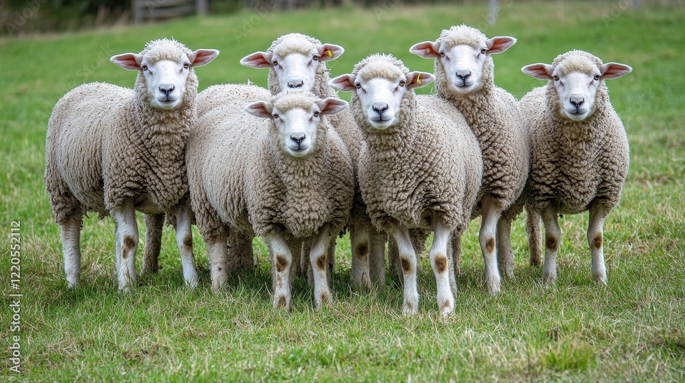 Group of Six Sheep Standing Together in a Grassy Pasture on a Cloudy Day in Rural Countryside Group of Six Sheep Standing Together in a Grassy Pasture on a Cloudy Day in Rural Countryside