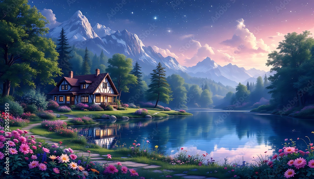 Fototapeta premium Serene Lakeside Cottage Mountain View Colorful Flowers Tranquil Scene