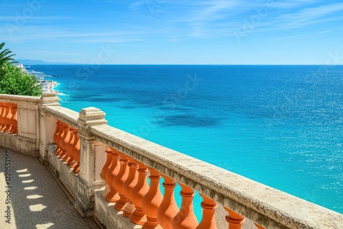 Coastal balcony view, turquoise sea, sunny day, French Riviera, travel