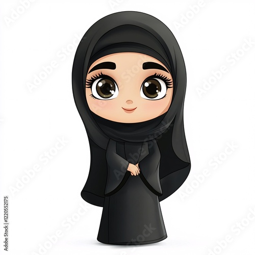 A female cartoon character wearing a traditional Saudi Arabian bisht over her abaya, with a white background photo