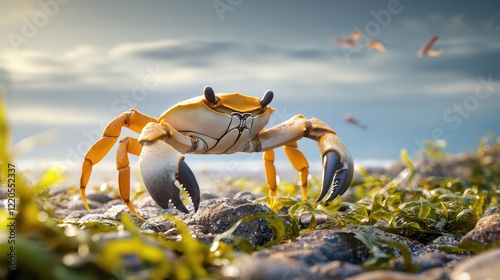 A crab walking across a rocky shore, its claws raised, surrounded by seaweed.