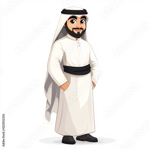 A male cartoon character wearing a white thobe and a black bisht, standing confidently, with a white background photo