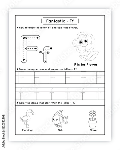 Letter F Tracing Worksheet with Flamingo and Flower Illustrations for Preschool Handwriting Practice