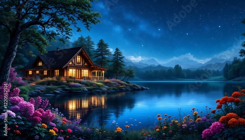 Lakeside Cabin Night Scene Starry Sky Colorful Flowers