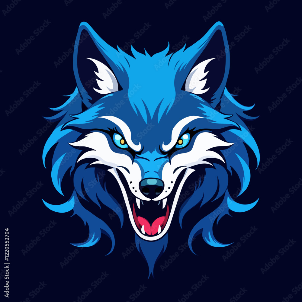 Fototapeta premium Snarling blue wolf head vector logo illustration. Suitable for fierce wildlife or fantasy design projects needing a strong focal point.