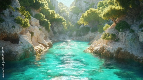 Turquoise river flows through sunlit gorge, boat, summer travel