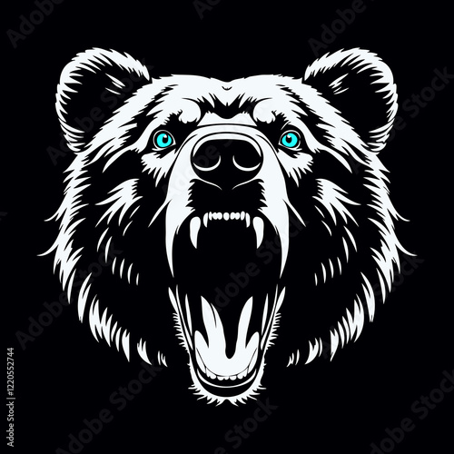 White bear head with roaring expression and intense blue eyes, perfect for wildlife conservation campaigns and striking graphic designs.