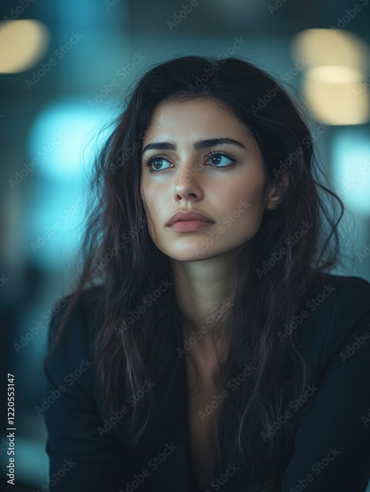 Woman with Wavy Hair and Brown Eyes in a Black Blazer Looking at the Camera Woman with Wavy Hair and Brown Eyes in a Black Blazer Looking at the Camera