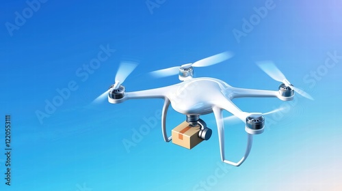 A drone delivering a small package against a clear blue sky.