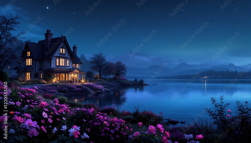 Fototapeta premium Serene Lakeside Victorian House Night Scene Vibrant Flowers Dark Blue Sky