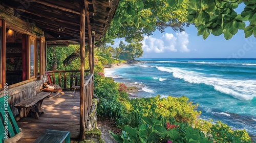 Oceanfront bungalow porch view, tropical waves crashing, lush foliage photo