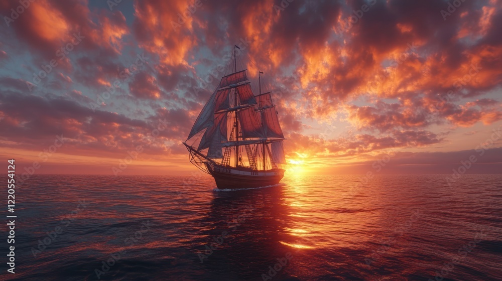 Fototapeta premium Sailing ship sunset ocean fiery sky adventure