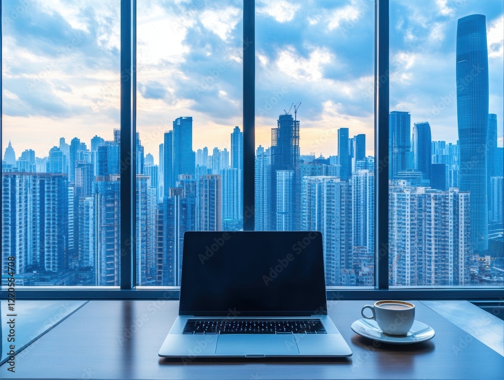 Modern Office Workspace with Cityscape View Modern Office Workspace with Cityscape View