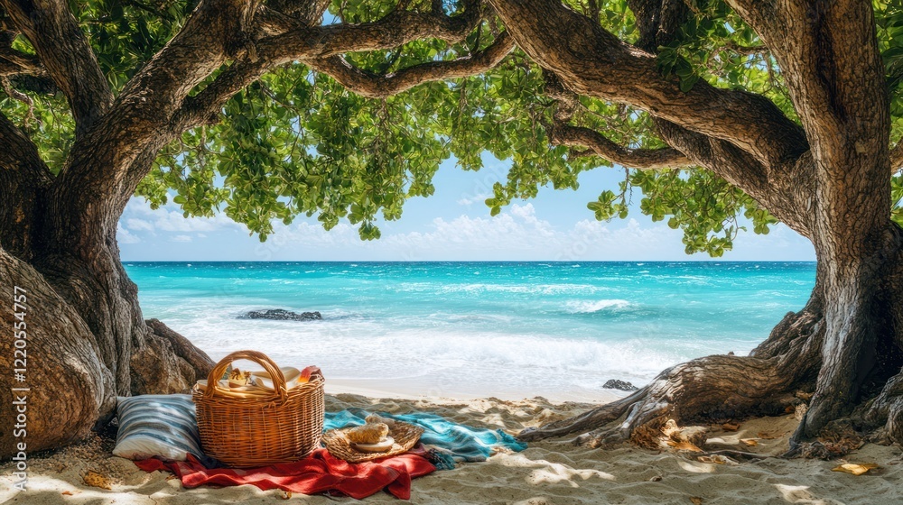 Tropical beach picnic under shady tree Tropical beach picnic under shady tree