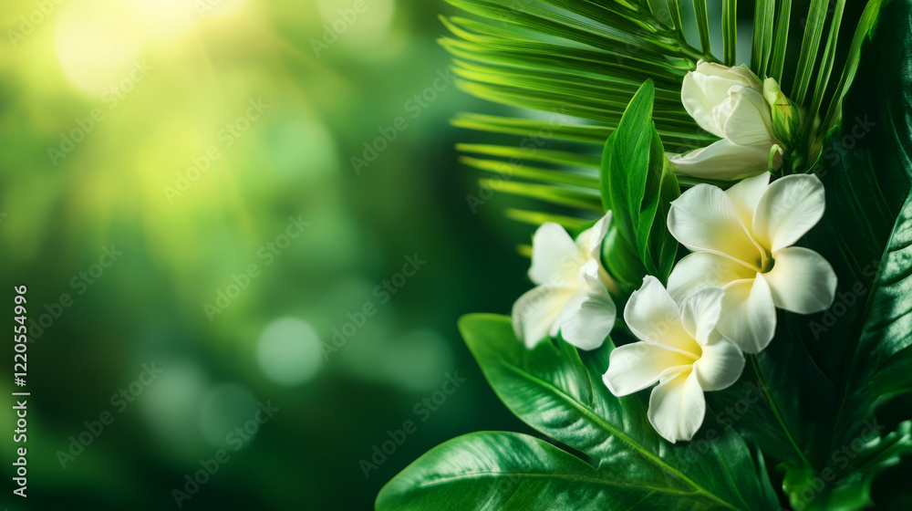 Obraz premium Elegant White Flowers and Lush Green Foliage with Soft Natural Light in Background
