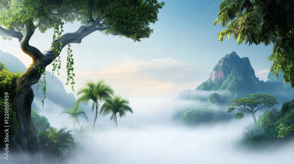 A mist-covered jungle landscape with towering trees and cascading vines A mist-covered jungle landscape with towering trees and cascading vines